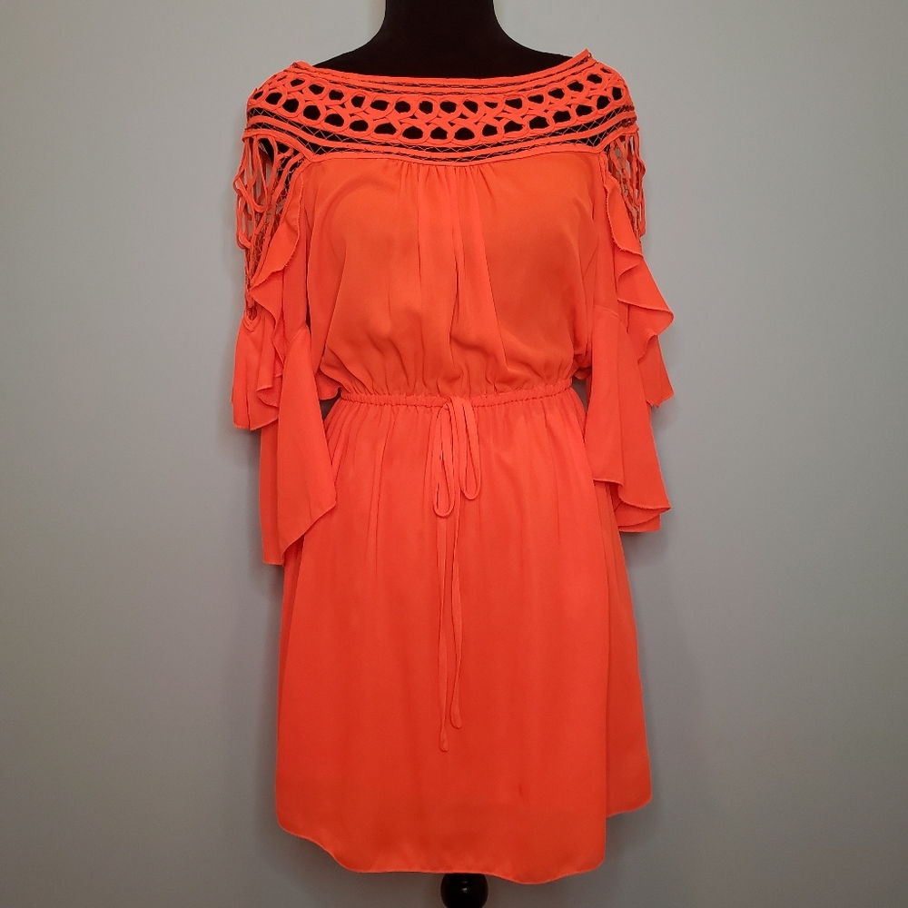 Si Style Orange Blouson Dress Crochet Bell Sleeves